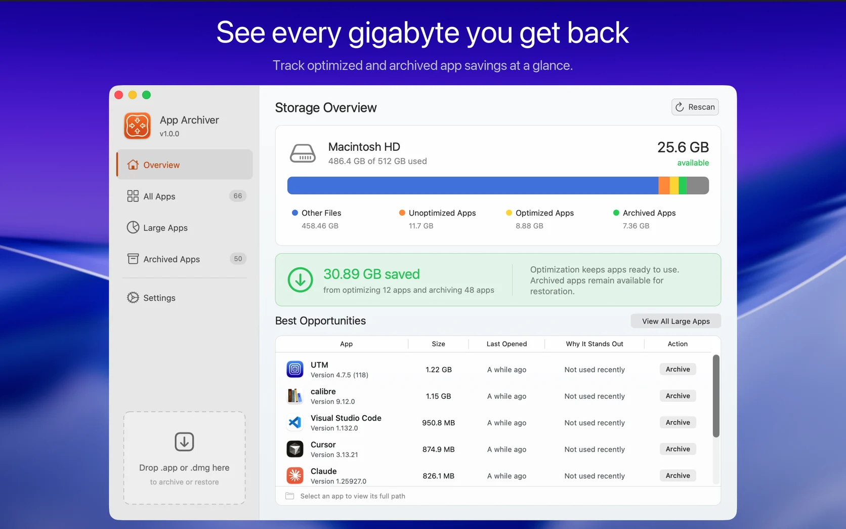 App Archiver Storage Overview showing Mac disk use, reclaimed space, and the best opportunities for saving more