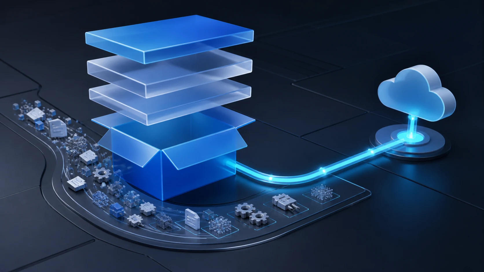 An exploded blue storage box with hidden file fragments being removed while a glowing connection leads to a cloud