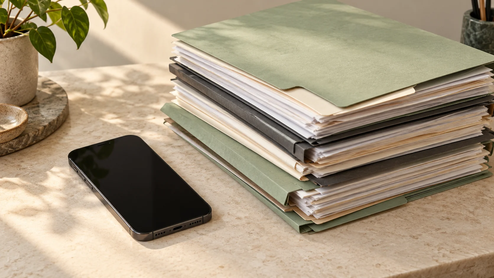 A phone with its screen off beside a crowded stack of document folders