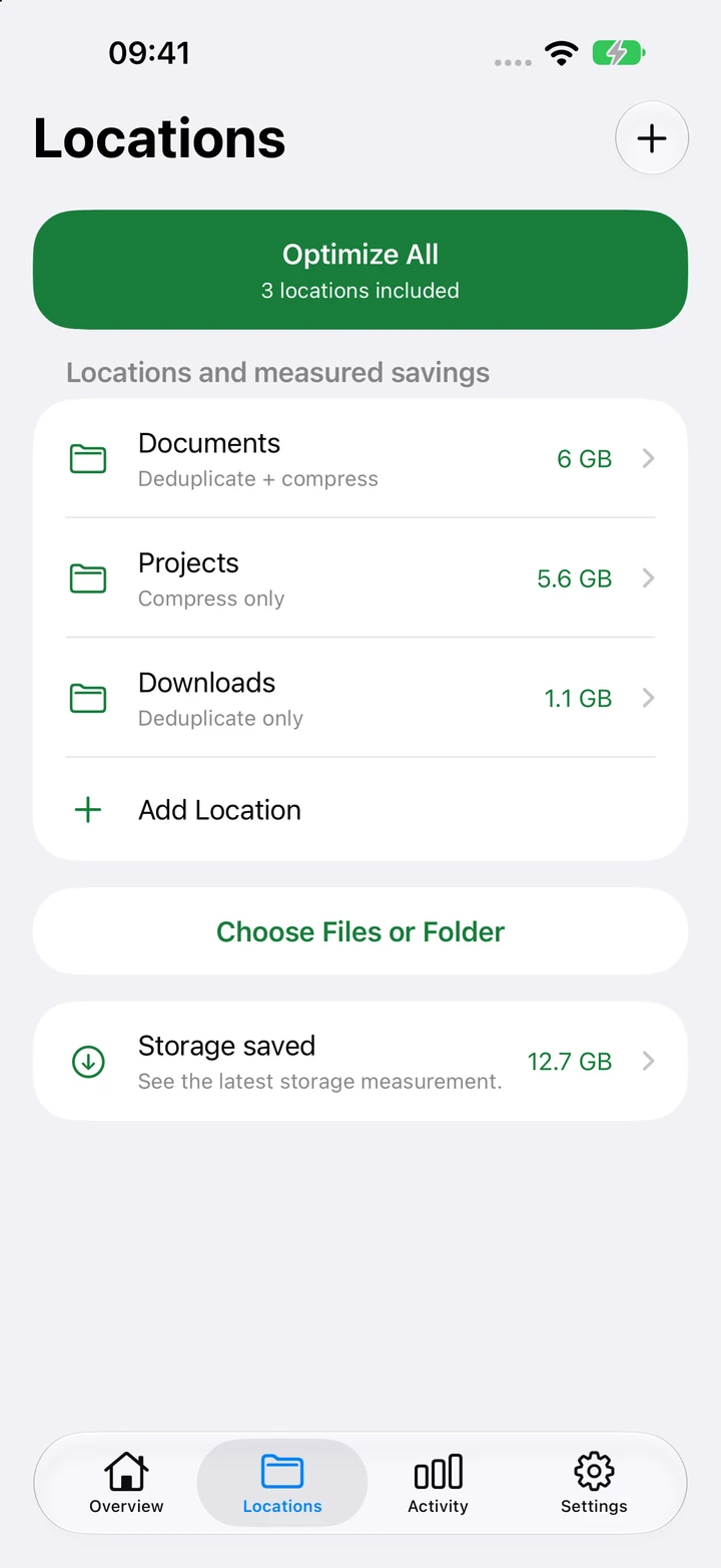 DiskPress for Files Locations screen on iPhone with Add Location, Choose Files or Folder, and Optimize All controls