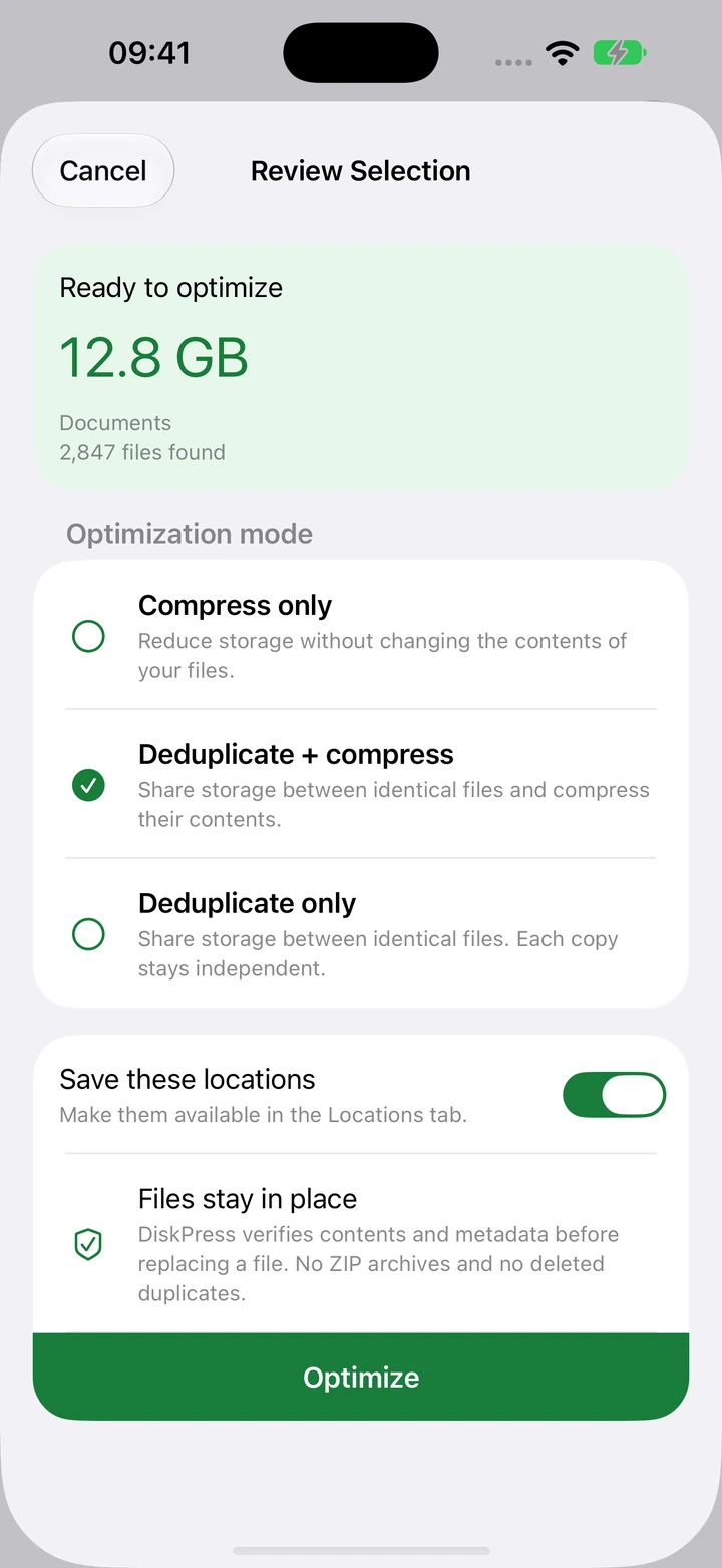 Review Selection screen with Deduplicate + compress selected and an Optimize button