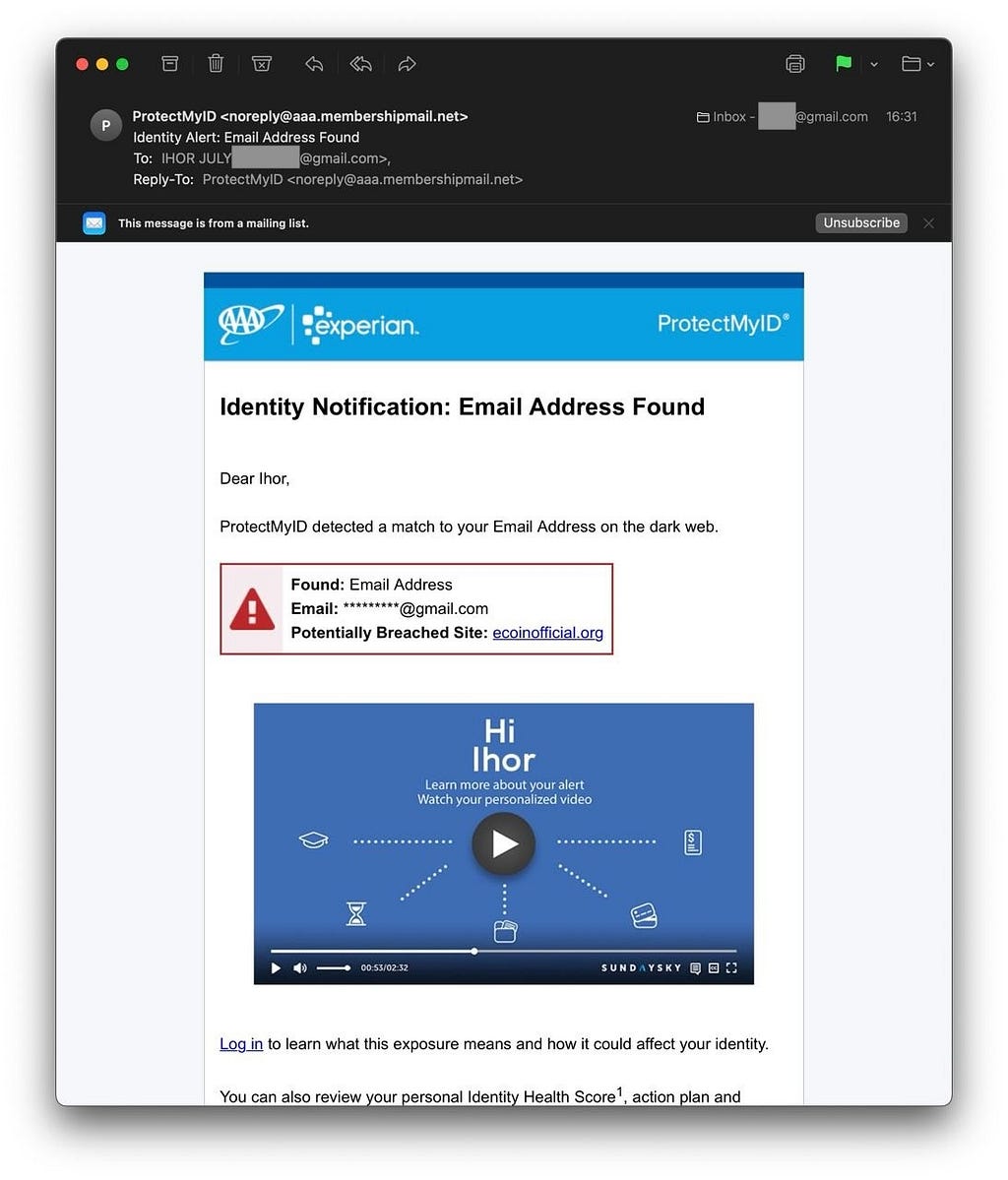 ProtectMyID alert email screenshot
