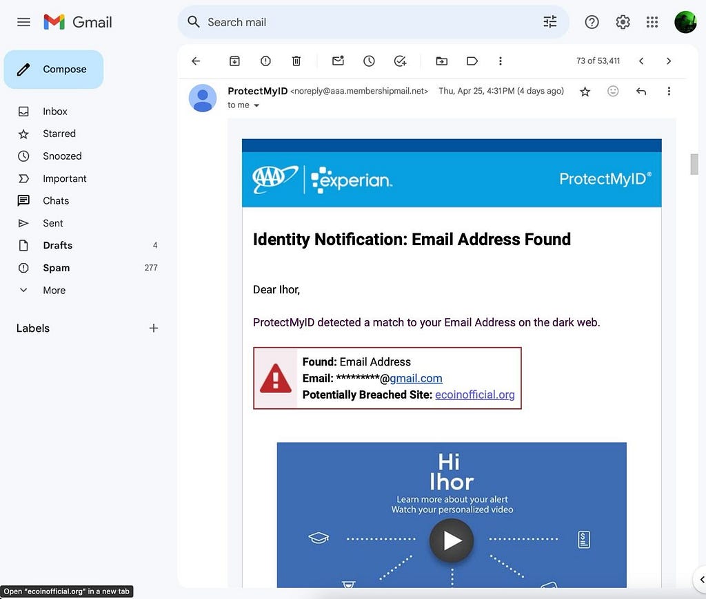 Gmail showing the alert link as clickable