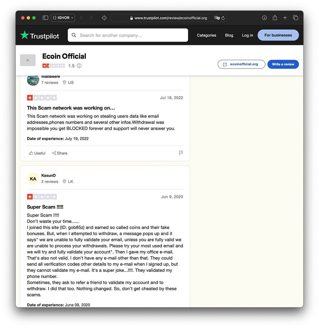 Public review page showing scam complaints for Ecoin Official