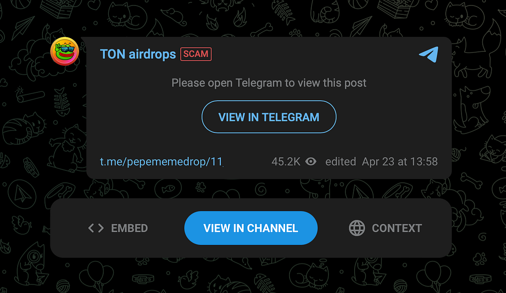 Telegram warning label on the later channel post