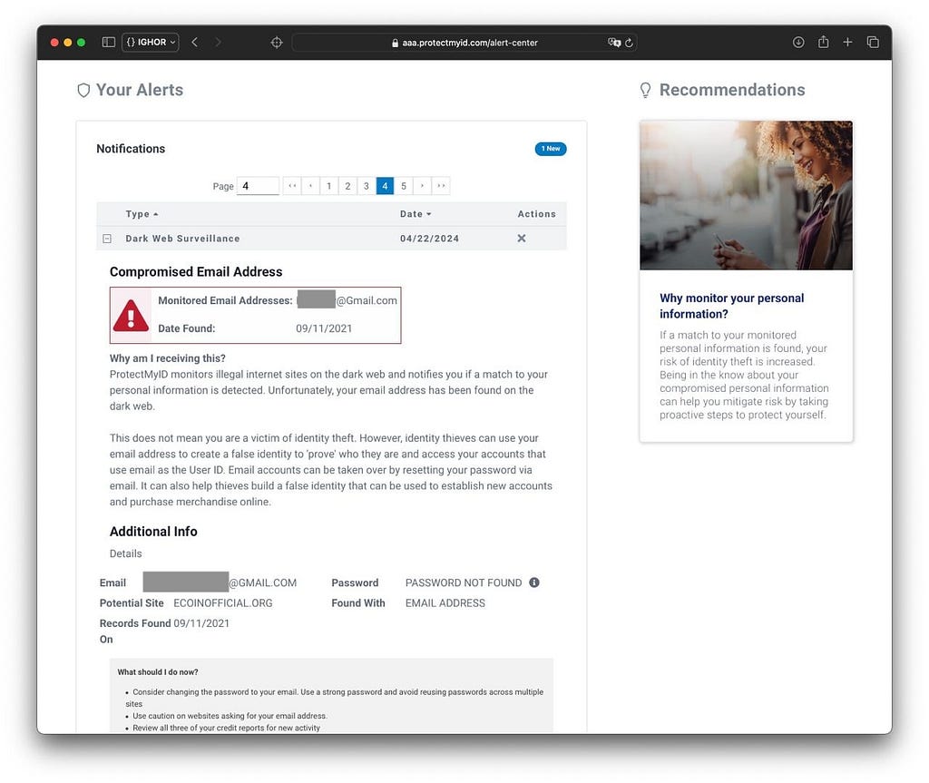 Fake breach database entry screenshot