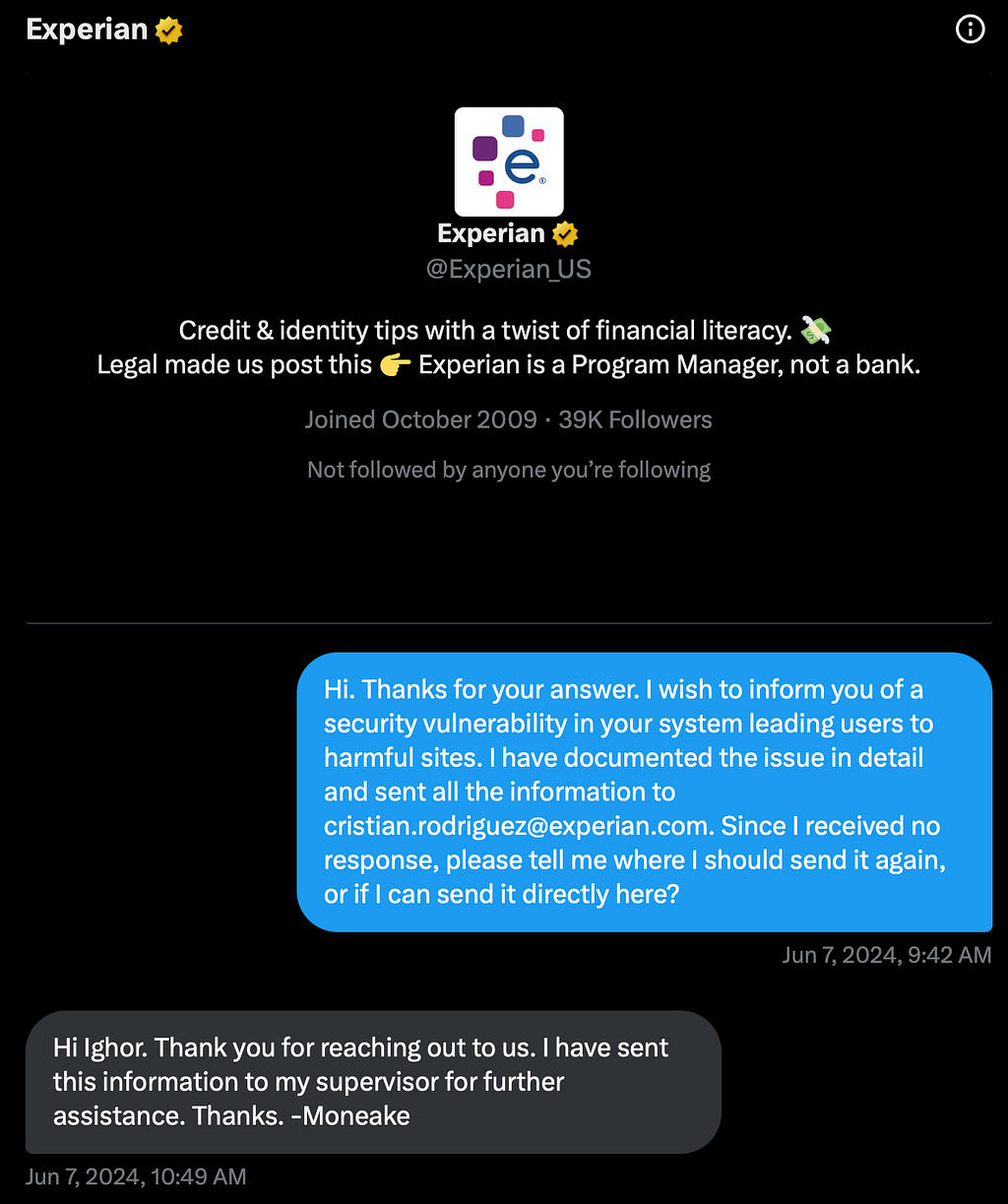 Experian support message thread screenshot