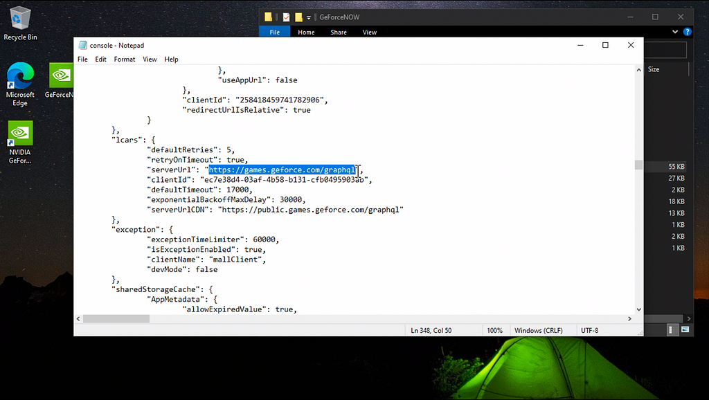 Console log showing the GeForce NOW GraphQL URL