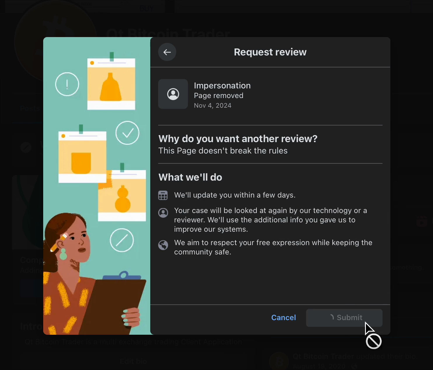 A frame from a Facebook appeal attempt showing the review form and the Submit button still loading.