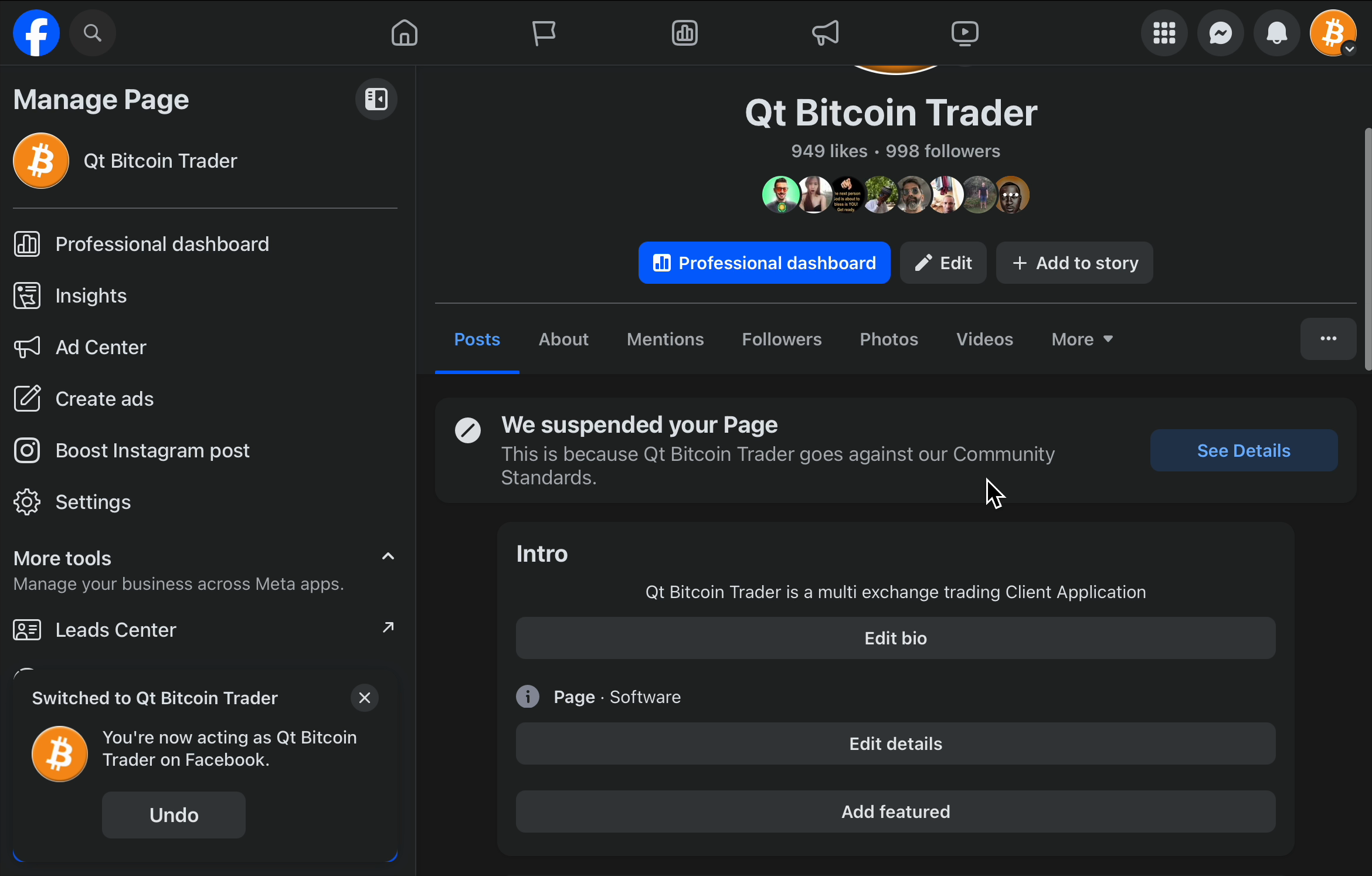 The Qt Bitcoin Trader page with 998 followers and Facebook's suspension message.