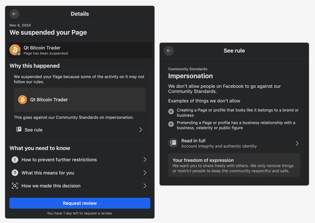Facebook's review screen showing one day left to appeal beside its impersonation rule.