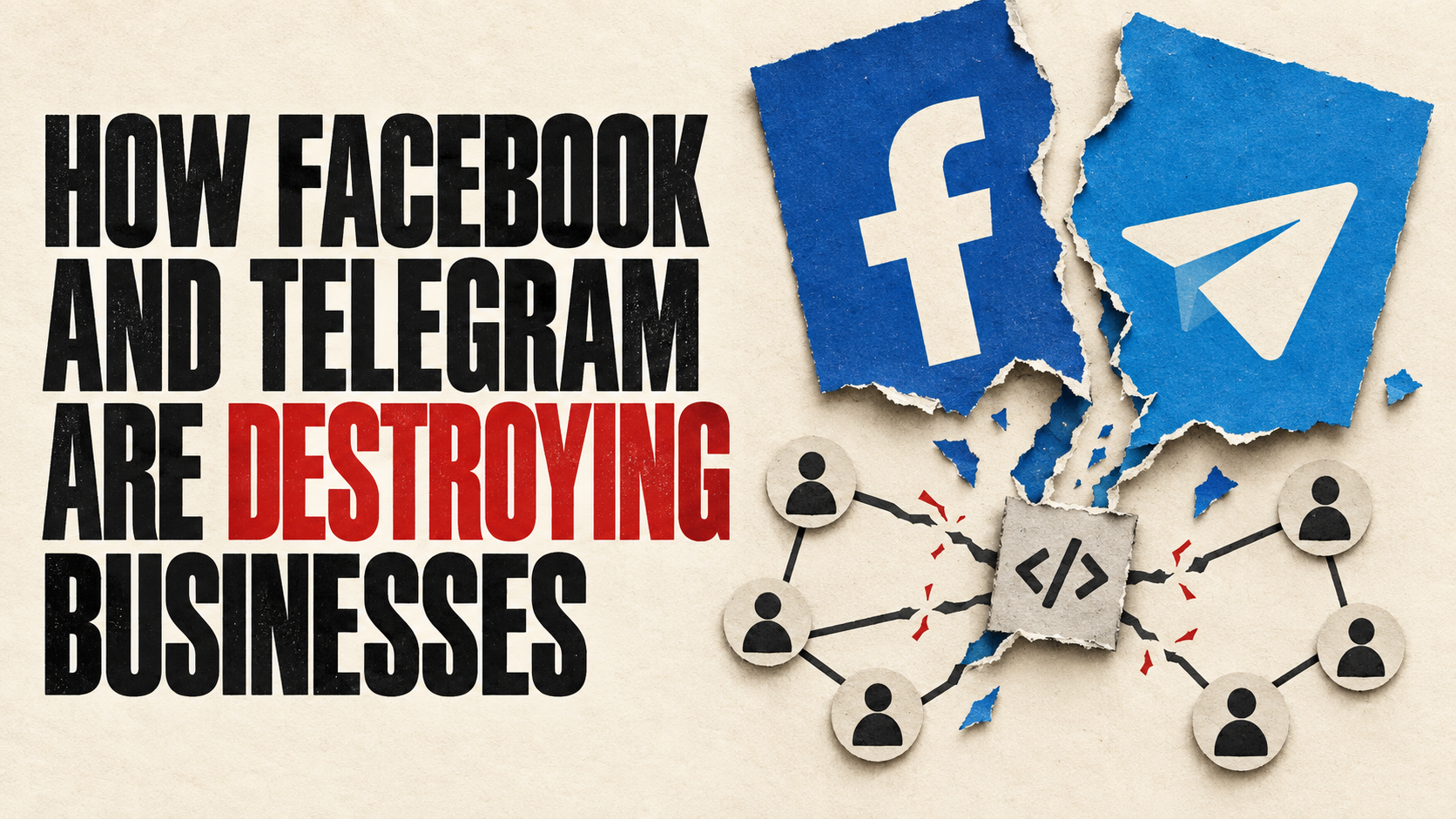 Facebook and Telegram logos on torn paper above broken connections between a software project and its followers, beside the article title