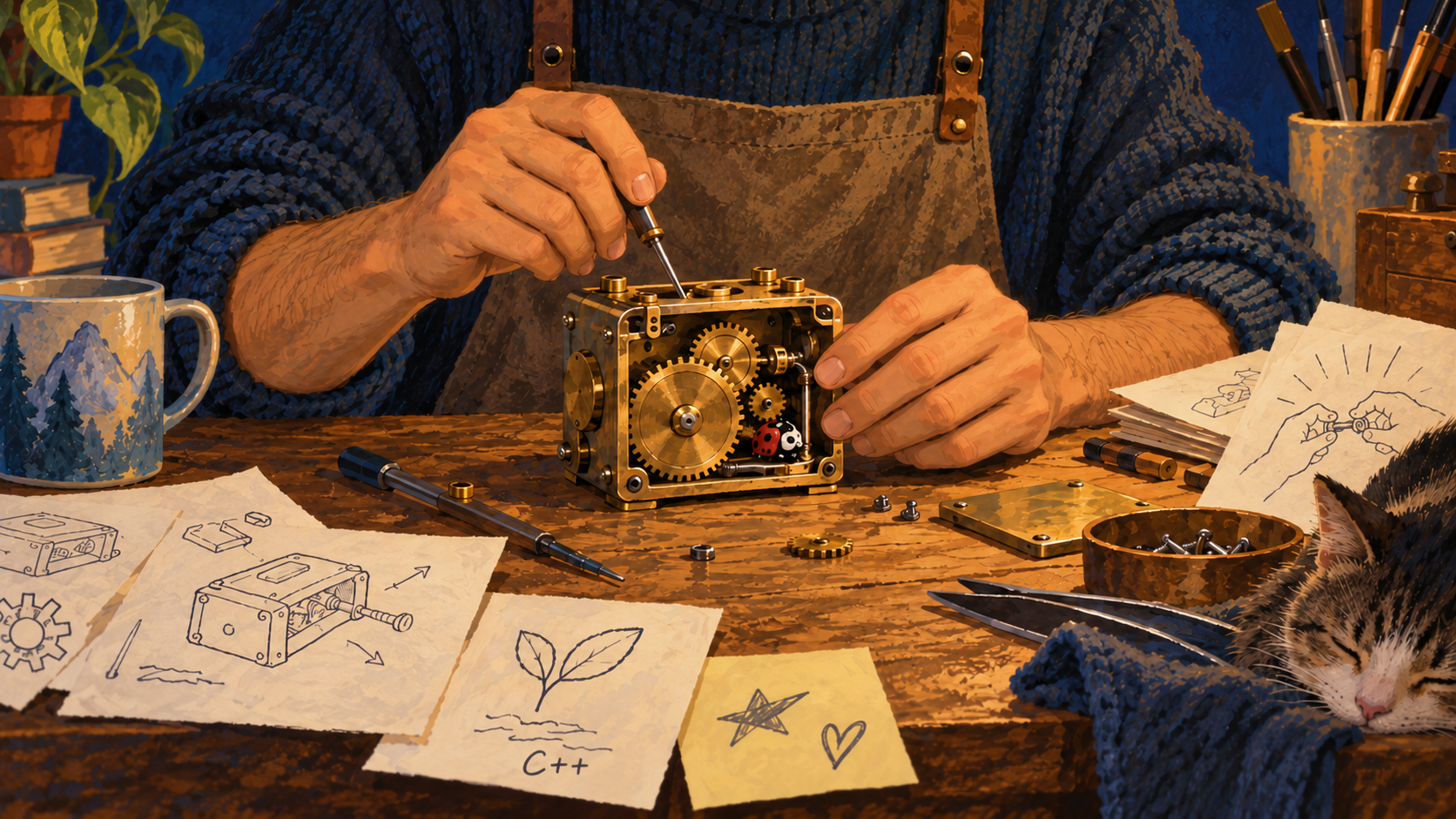 Hands adjusting a brass machine with a tiny bug among its gears, beside sketches, a C++ note, and a sleeping cat