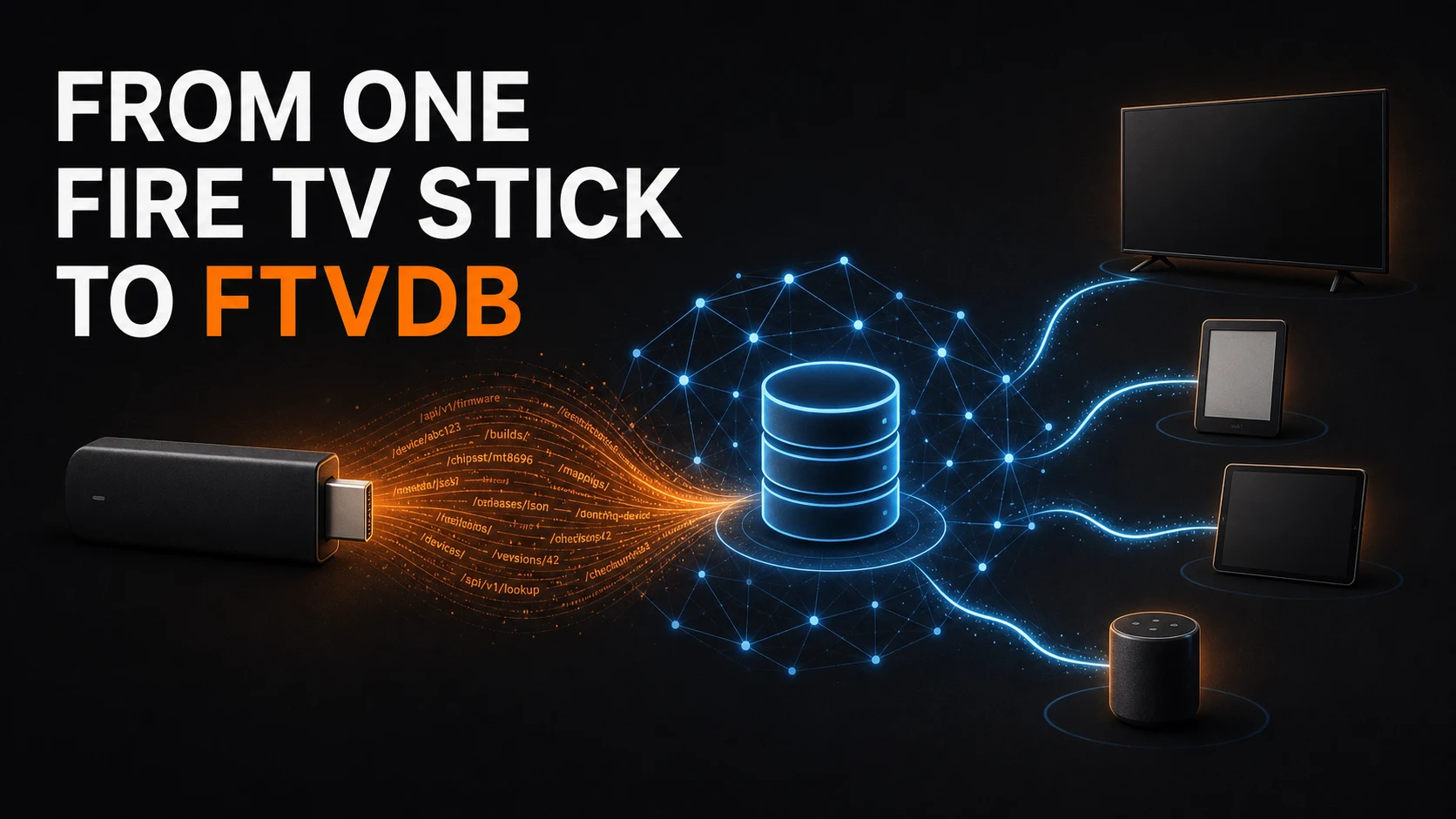 A streaming stick sending orange firmware links into a blue database network connected to a television, e-reader, tablet, and smart speaker