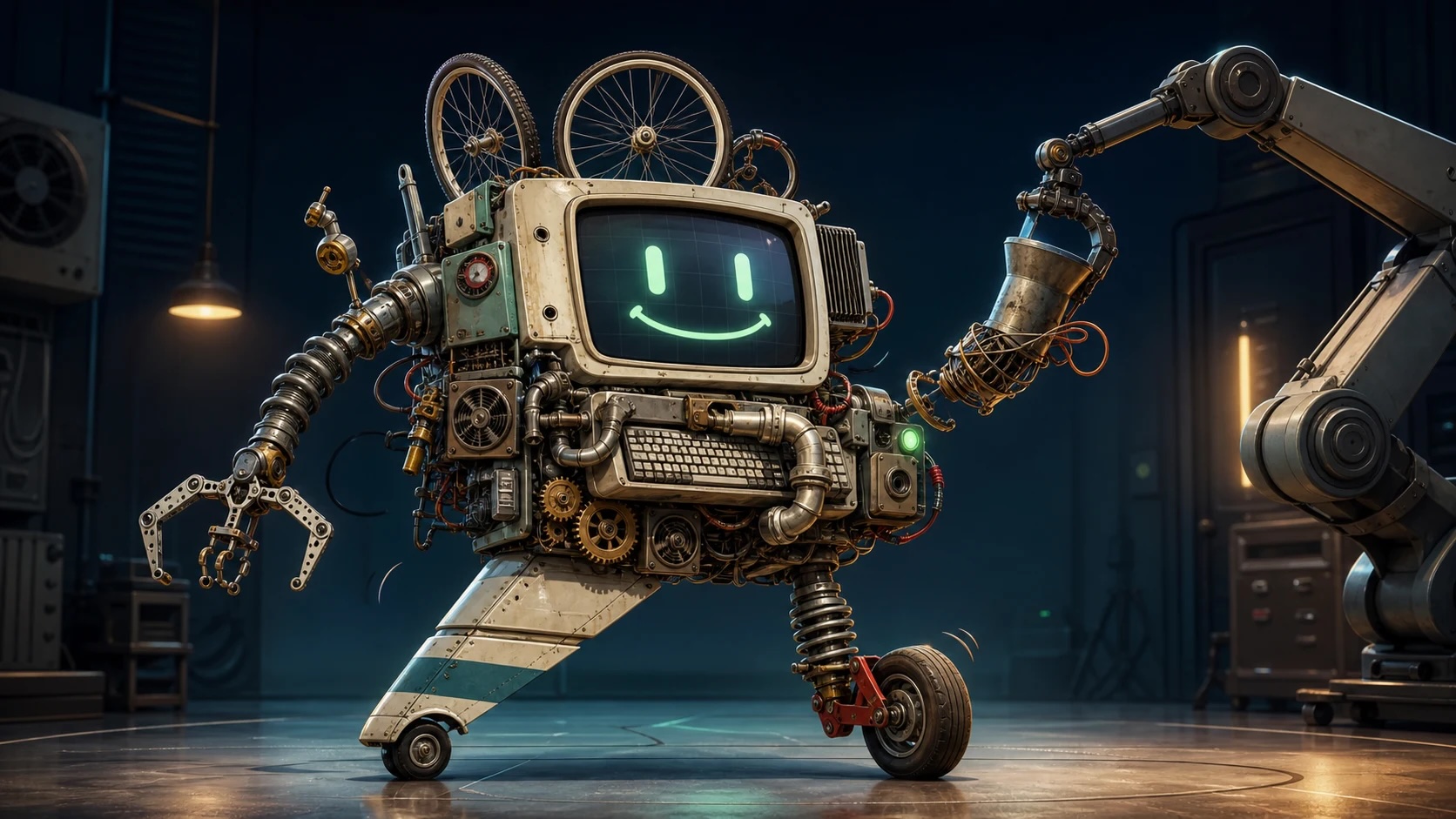 A cheerful working machine assembled from mismatched parts, including wheels on top, pipes through a keyboard, and an airplane wing for a leg