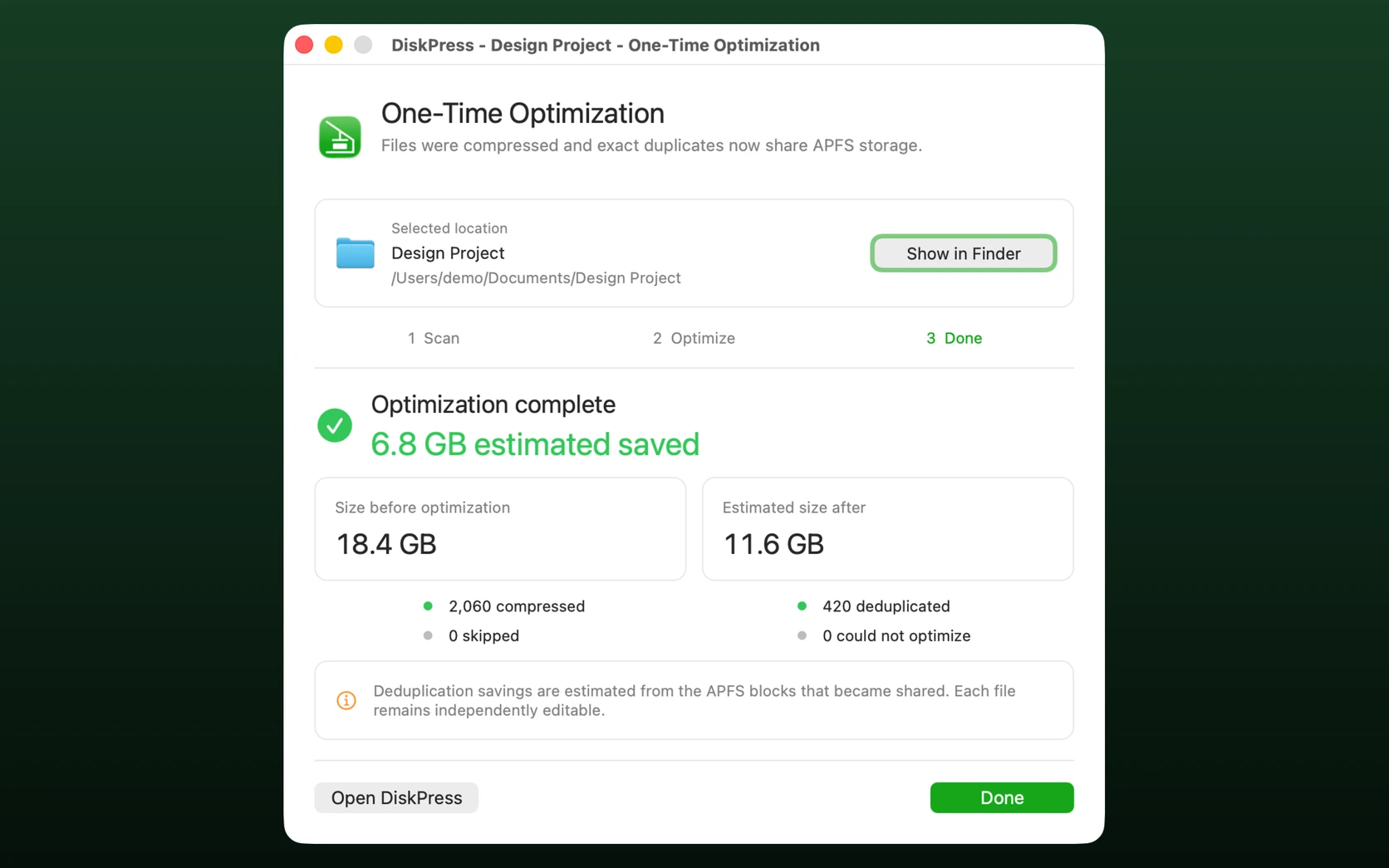 DiskPress showing how much space was saved after processing a folder