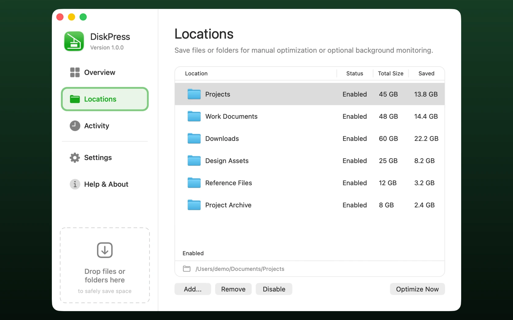 DiskPress listing selected folders and the space saved in each one
