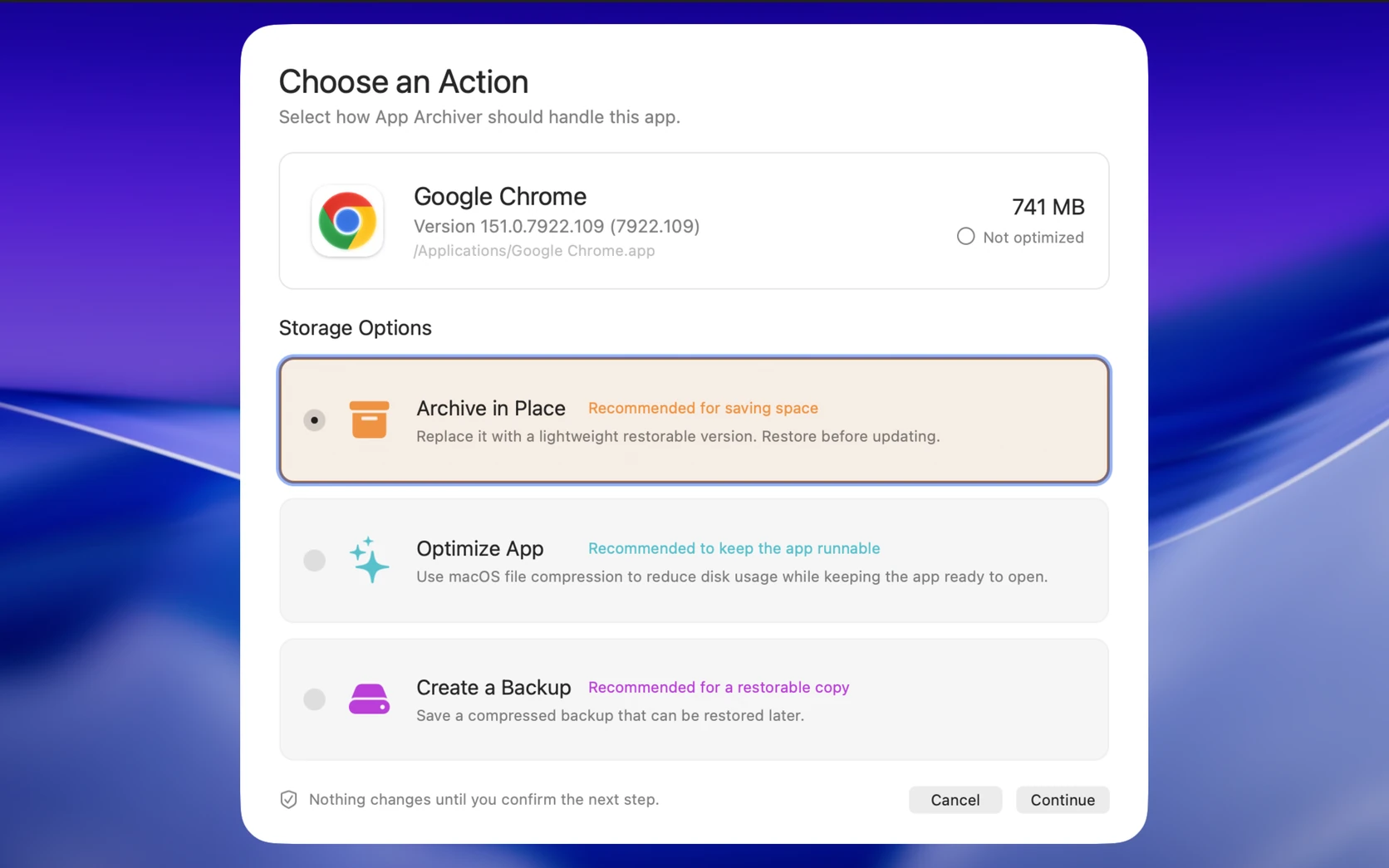 App Archiver offering choices to optimize an app, archive it, or make a backup