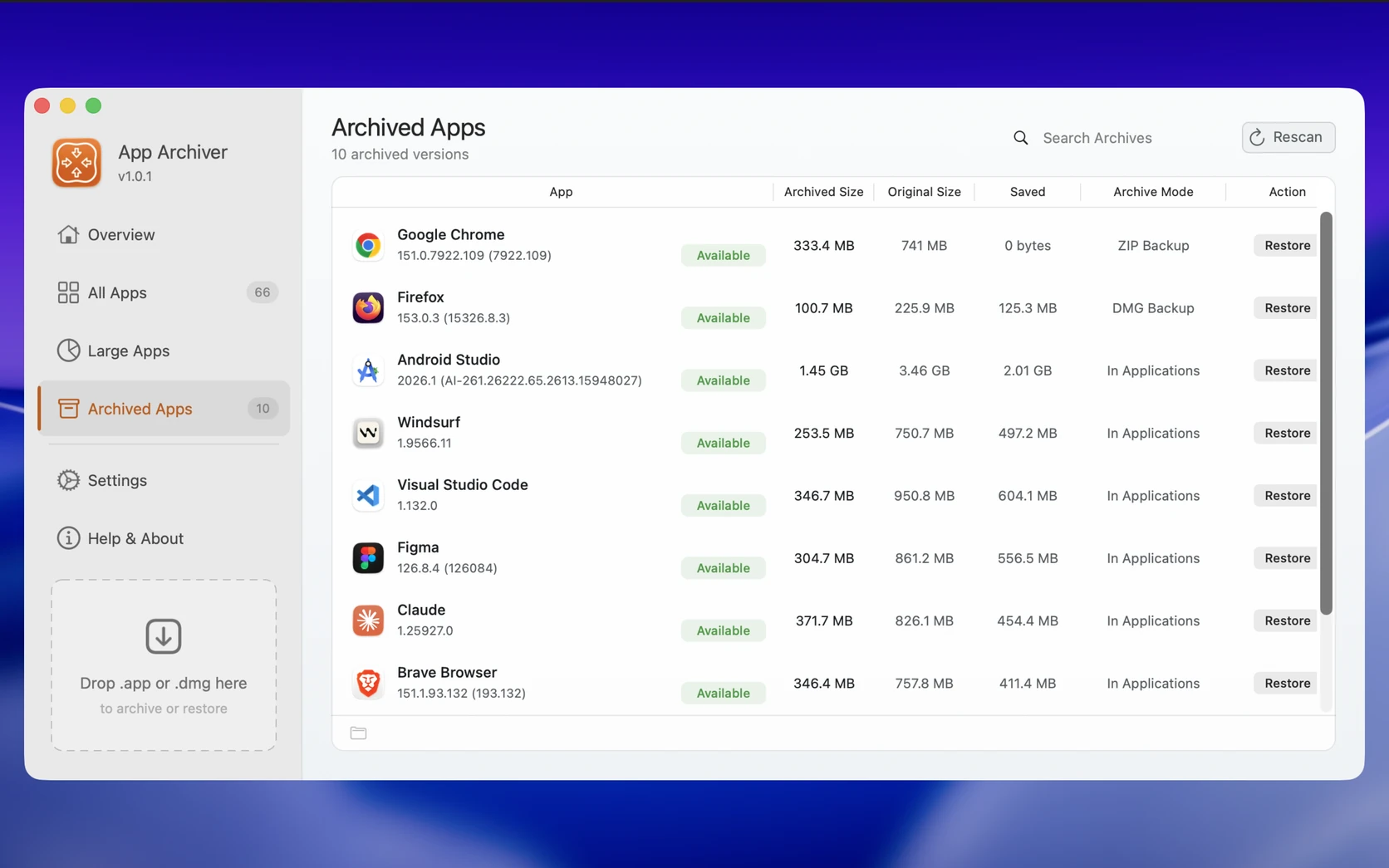 App Archiver listing saved apps with a Restore button beside each one
