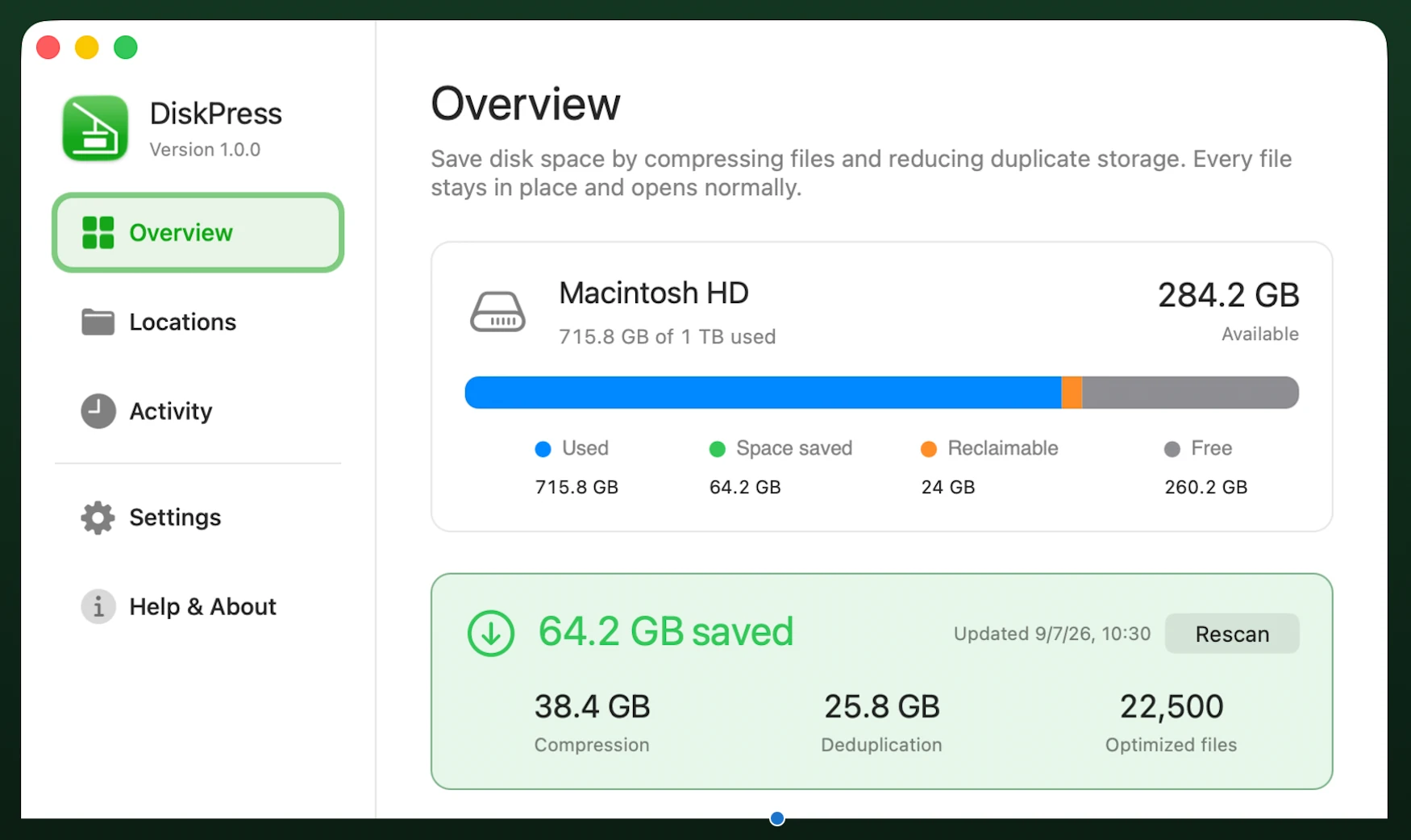 DiskPress showing available disk space and savings from file compression and file deduplication, using example data