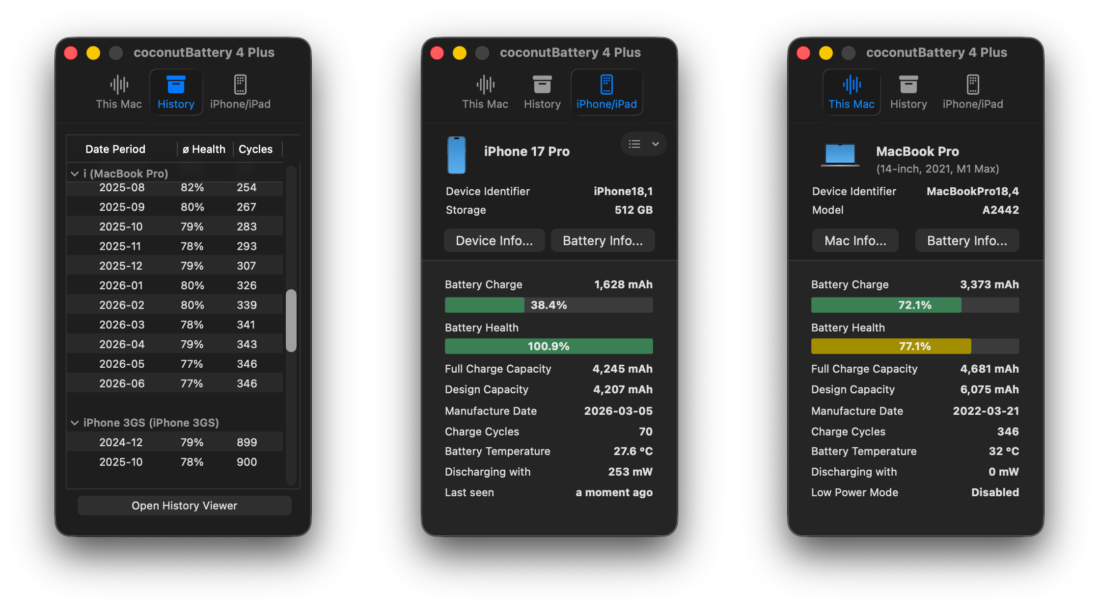 Three coconutBattery windows showing battery history and device information
