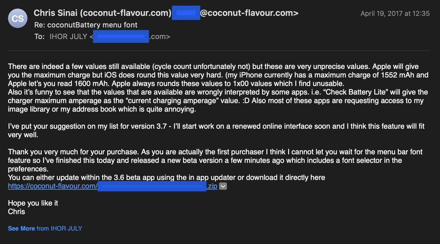 Redacted 2017 email from the coconutBattery developer about the menu bar font feature and first purchase