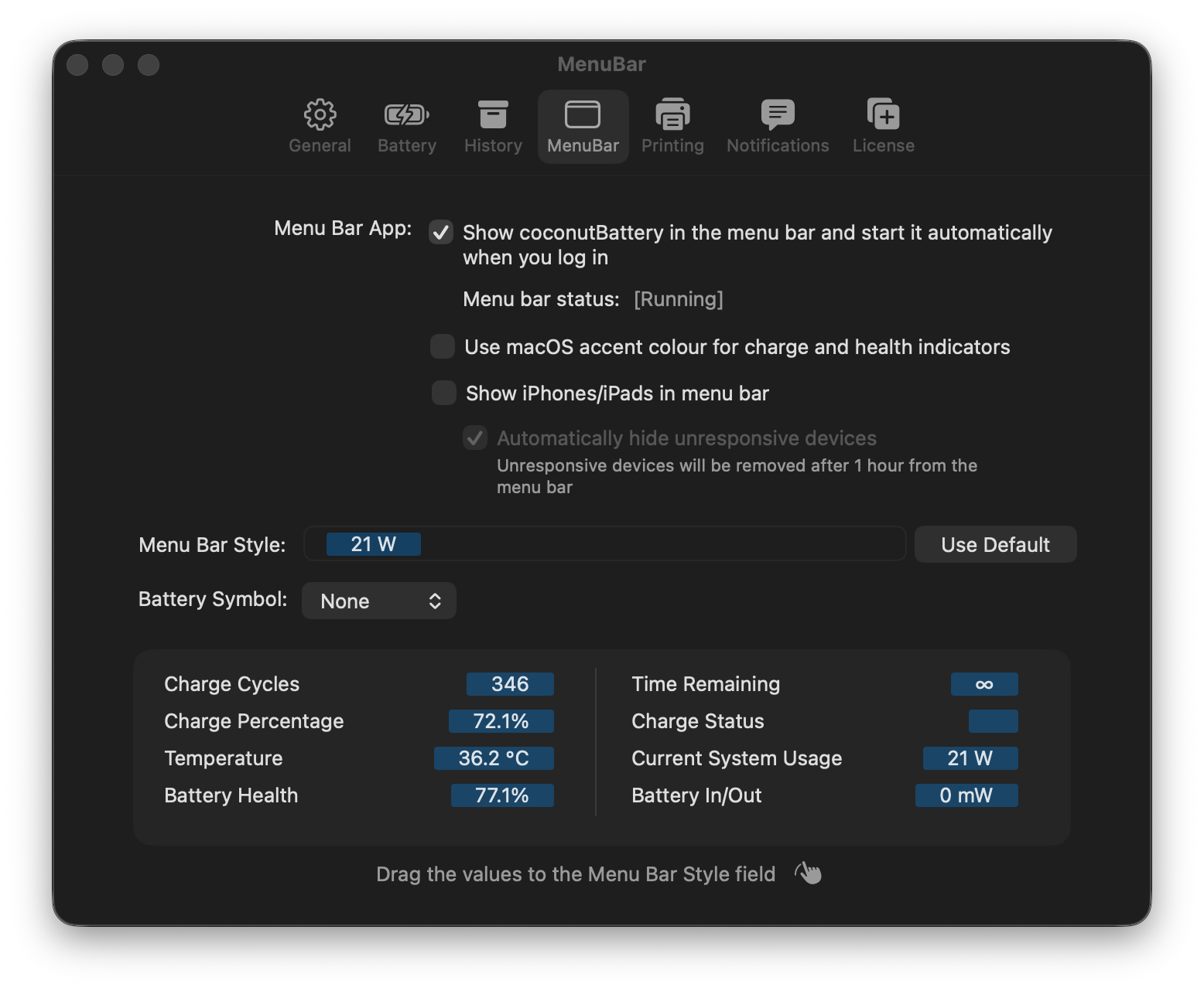 Current coconutBattery menu bar settings with selectable battery values