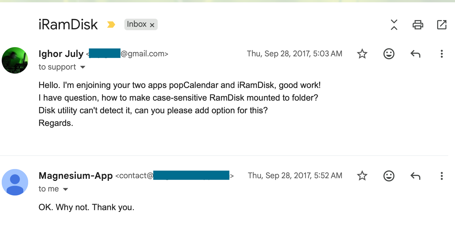 iRamDisk support reply about case-sensitive RAM disk
