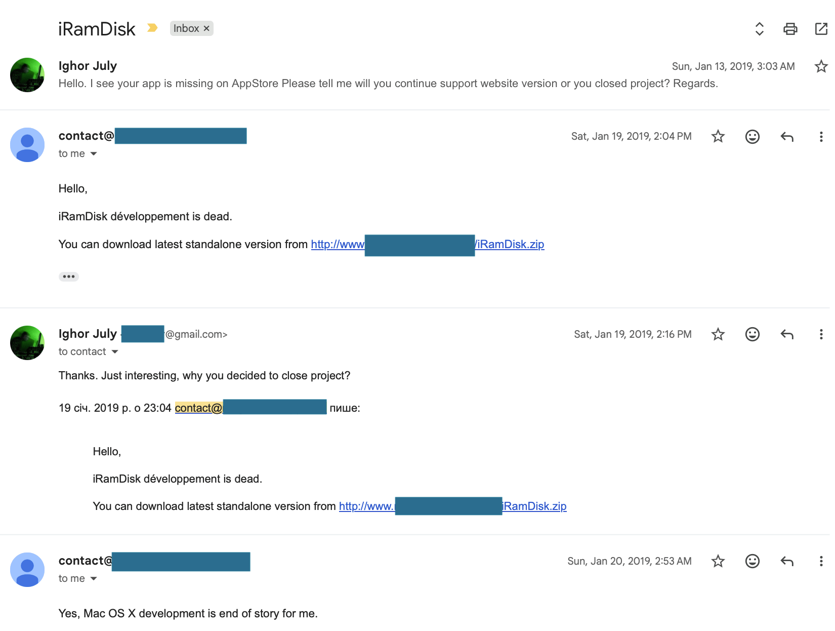 iRamDisk development ended reply