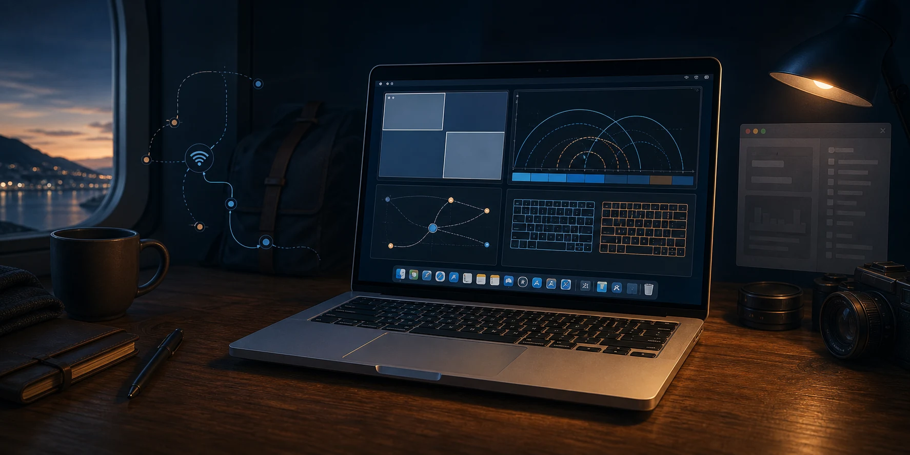 A MacBook on a travel desk with visual representations of window management, Wi-Fi analysis, network monitoring, and keyboard layouts