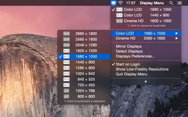 Display Menu showing the available resolution options for connected displays