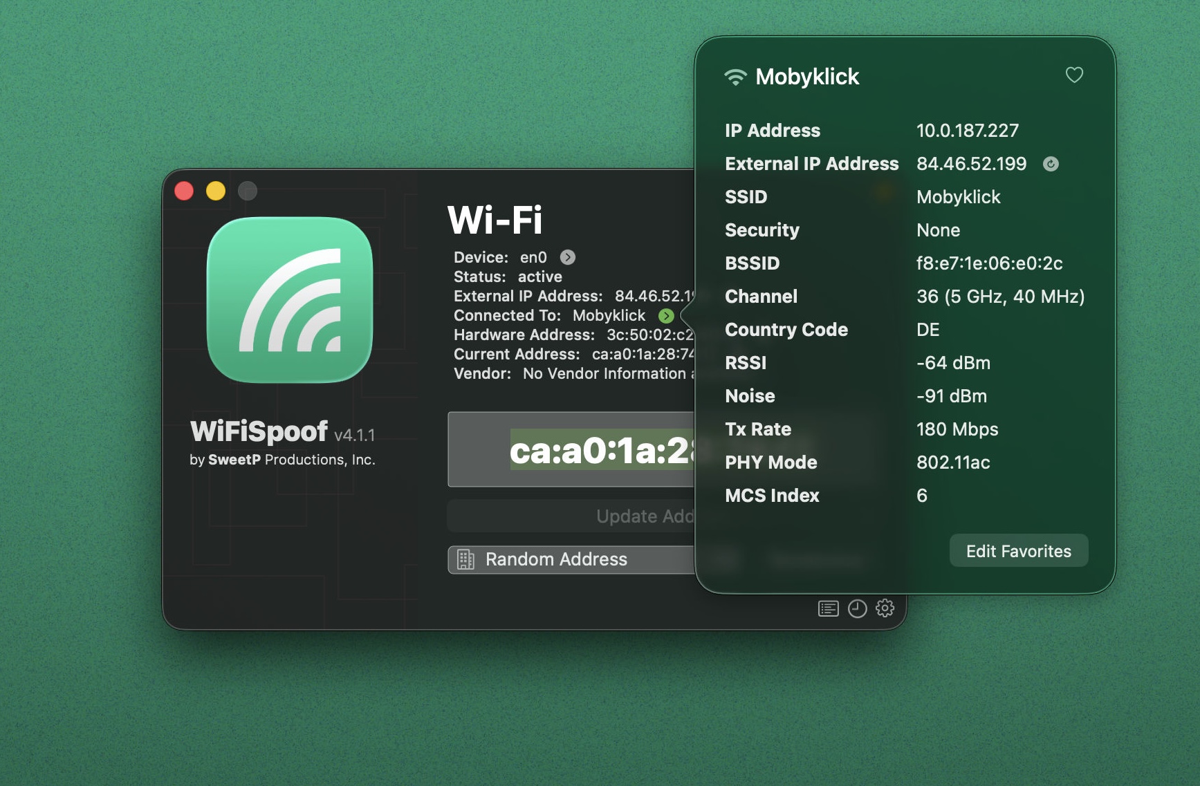 WiFiSpoof showing a randomized current MAC address and Wi-Fi connection details