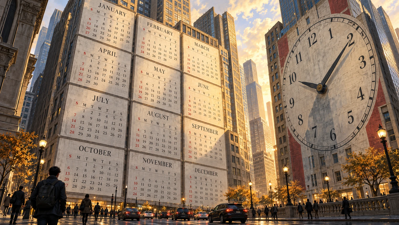 An enormous twelve-month calendar and an analog clock covering skyscraper facades above a city street