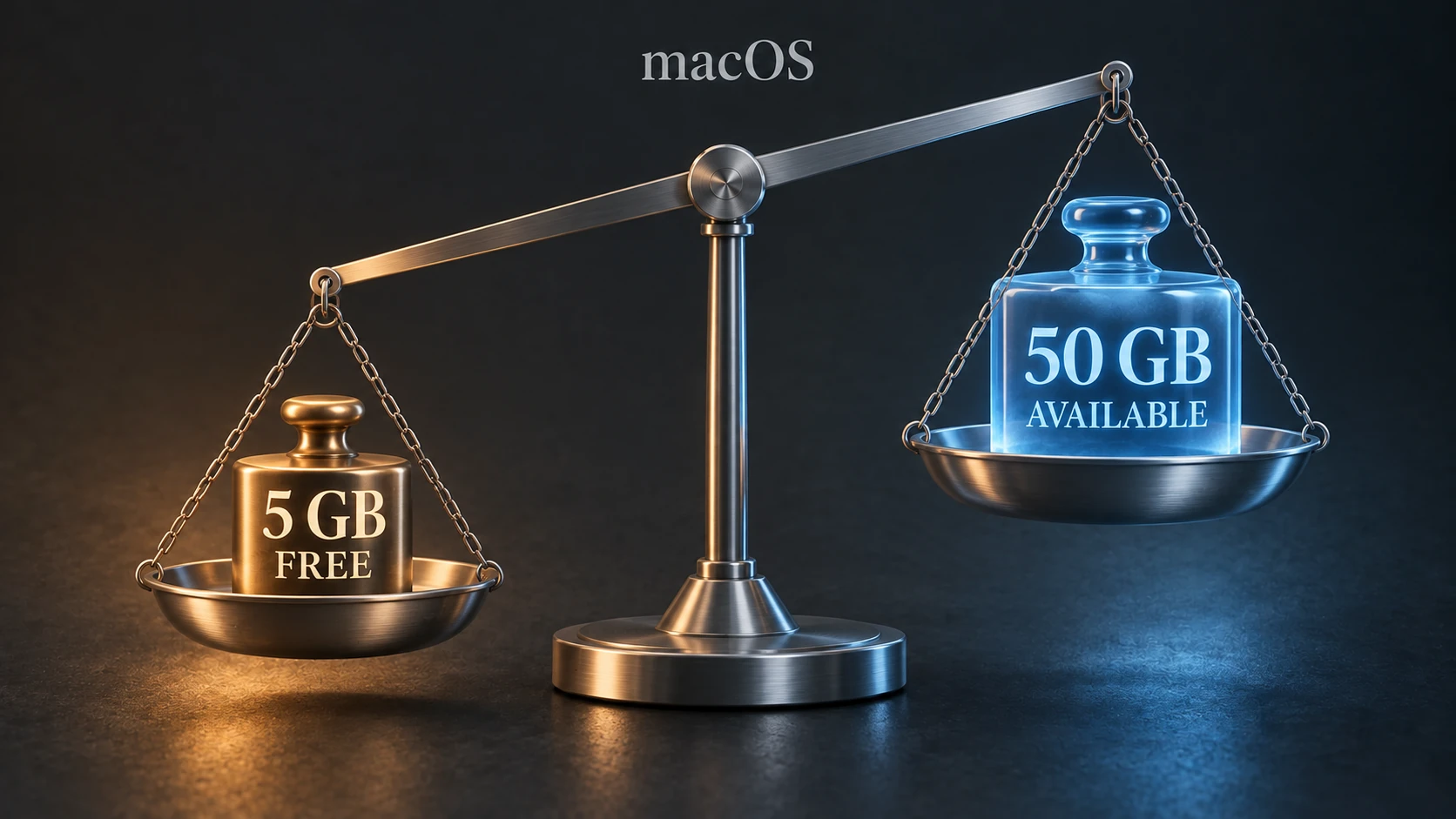 Balance scales with a smaller 5 GB FREE weight pulling the left pan lower than the larger 50 GB AVAILABLE weight on the right