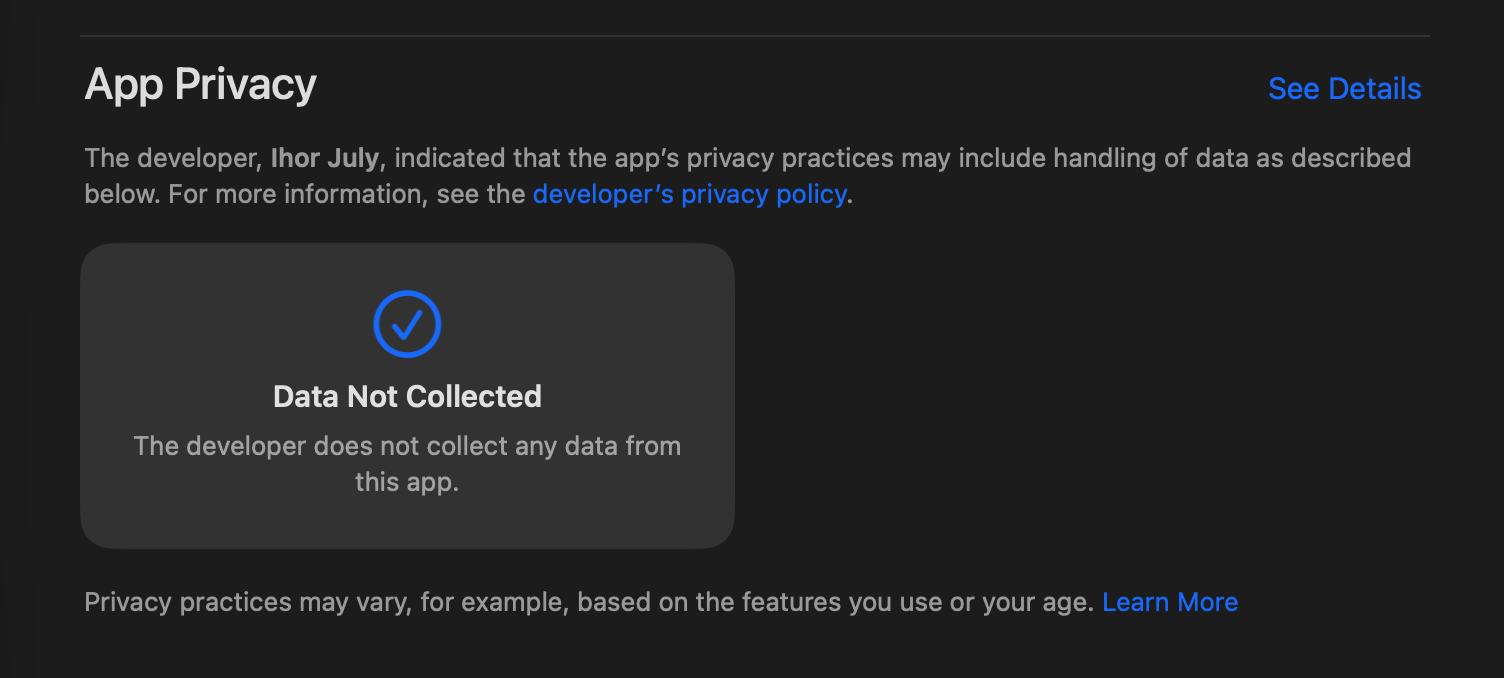 App Store privacy section for an app by Ihor July showing Data Not Collected