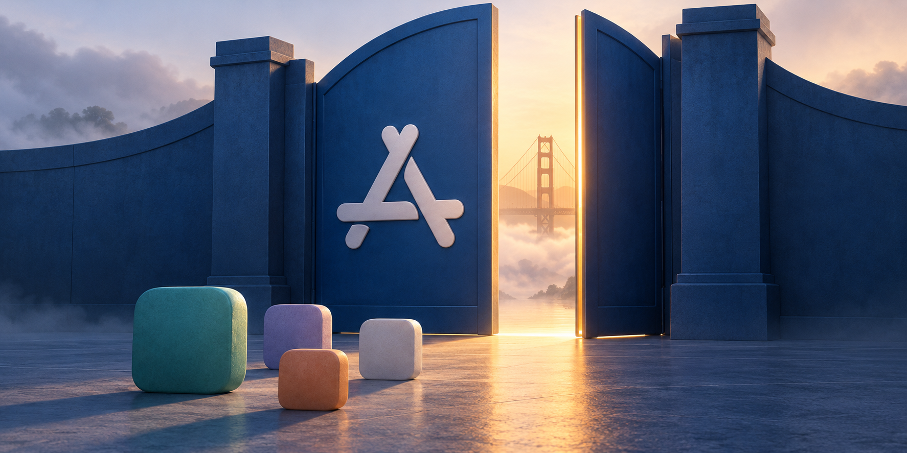 Illustration of app tiles outside a partly open blue App Store gate, with the Golden Gate Bridge visible beyond it.