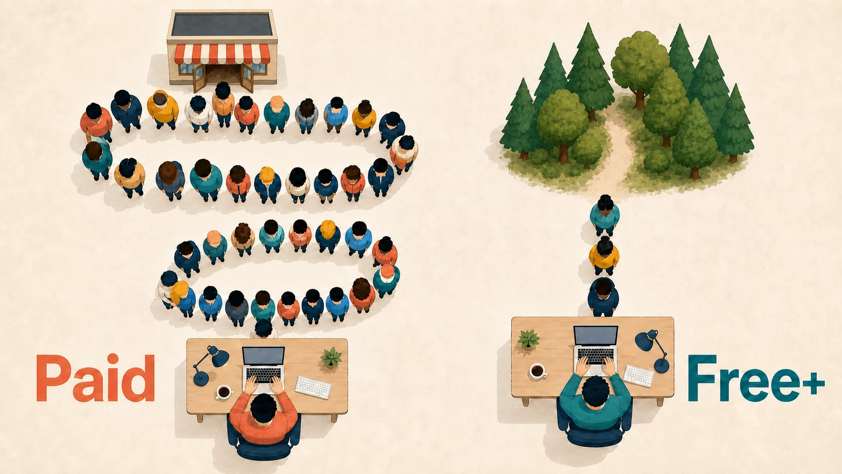 Top-down illustration of a long queue emerging from a store toward a Paid developer and a short queue emerging from a forest toward a Free+ developer