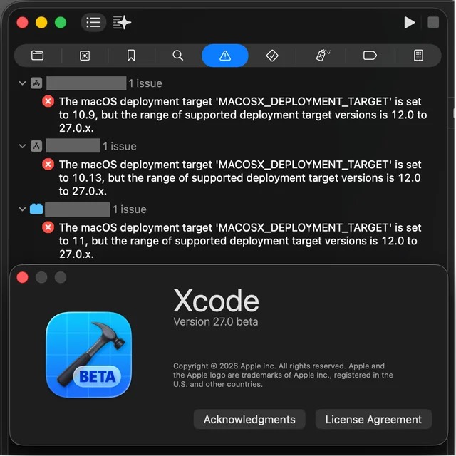 Xcode 27 beta showing build errors for macOS deployment targets 10.9, 10.13, and 11